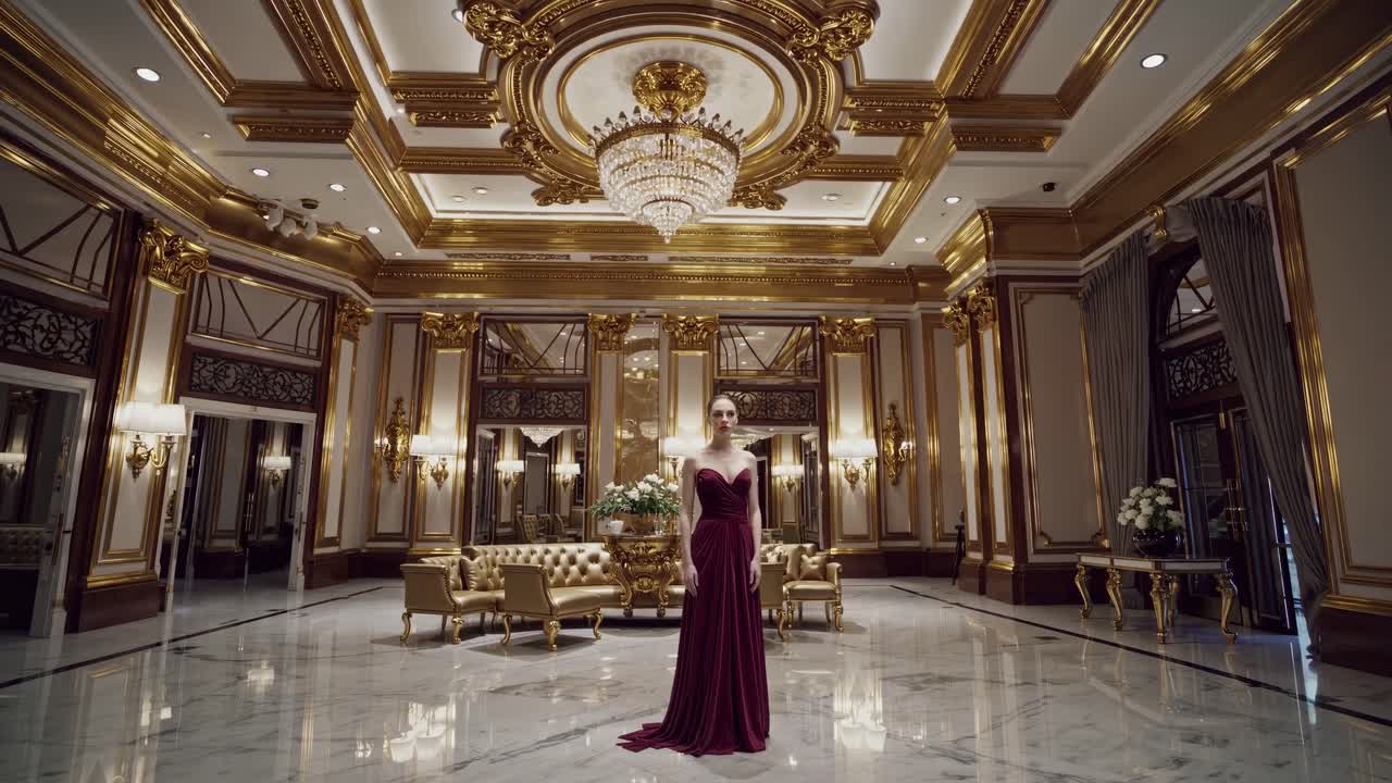 Elegant Woman in Red Dress in a Luxurious Hall