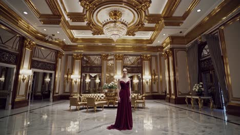 elegant woman in red dress in a luxurious hall