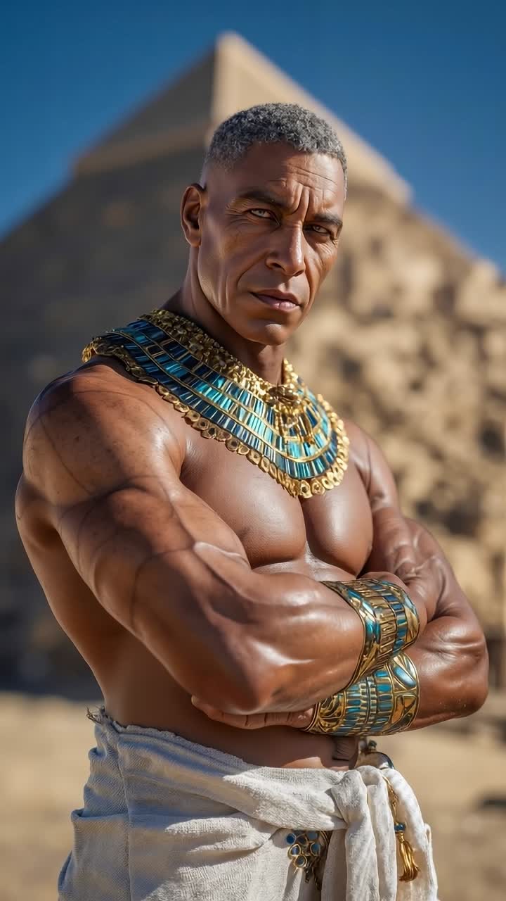 A man in a white robe standing in front of a pyramid