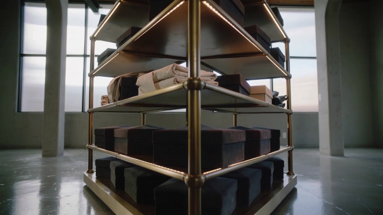 Telecamera che si alza rivelando un angolo con scaffalature in ottone in uno showroom loft, mostrando tessuti e scatole impilati.