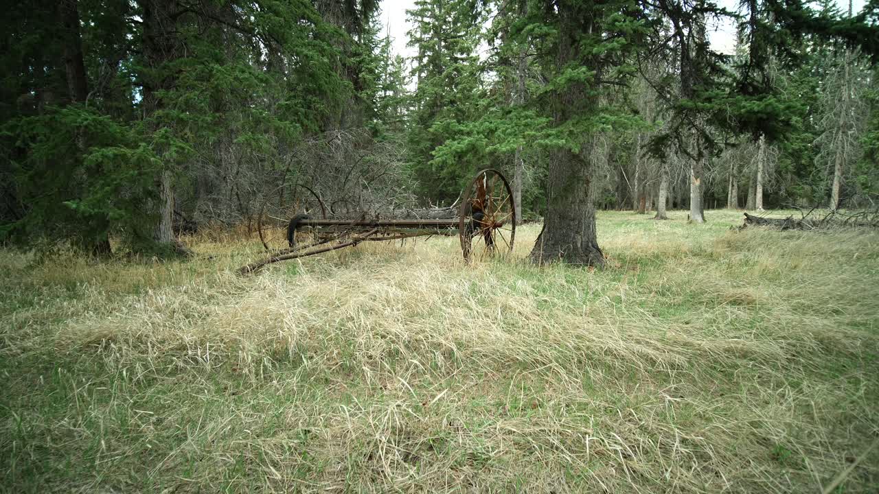 Antique hay rake. Med shot panning.