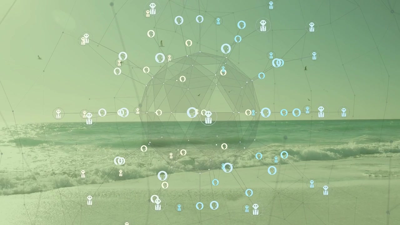 シーケンスが進行し、海岸線のジオデシックドームの上でノードフィールドが明るくなり、テクノロジー向けに脈動しながら再形成される。
