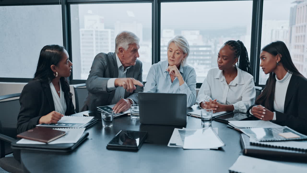 Business people, meeting and CEO on laptop