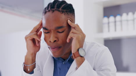 researcher, science and black man, with headache