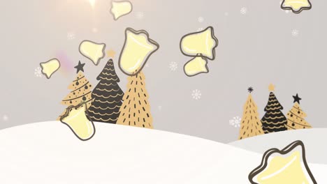 Digital-animation-of-multiple-christmas-bell-icons-falling-against-multiple-christmas-trees