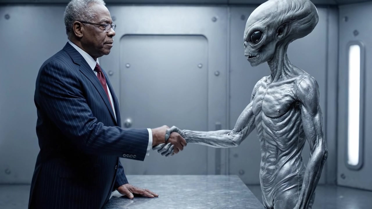 An Intense Encounter Between Human and Alien: A Pivotal Moment in a Sci-Fi Narrative Captured in Two Frames, Highlighting the Tension and Mystery of Extraterrestrial Life