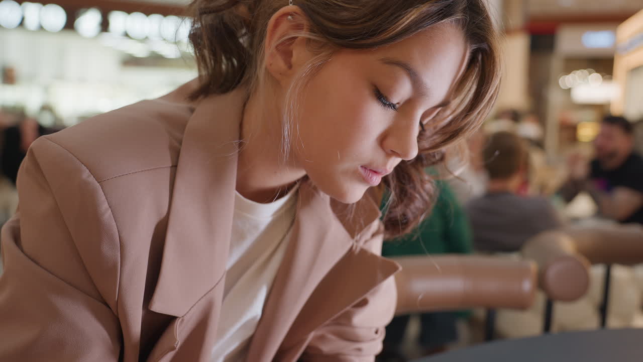 활기찬 작품을 만드는 백인 여성 아티스트, 스튜디오에서 캔버스에 생생한 색조를 사용하는 여성 화가, 워크숍 세션에서 역동적이고 다채로운 추상 미술을 만드는 백인 여성