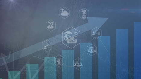 animation of icons in hexagons over arrow and bar graph against abstract background