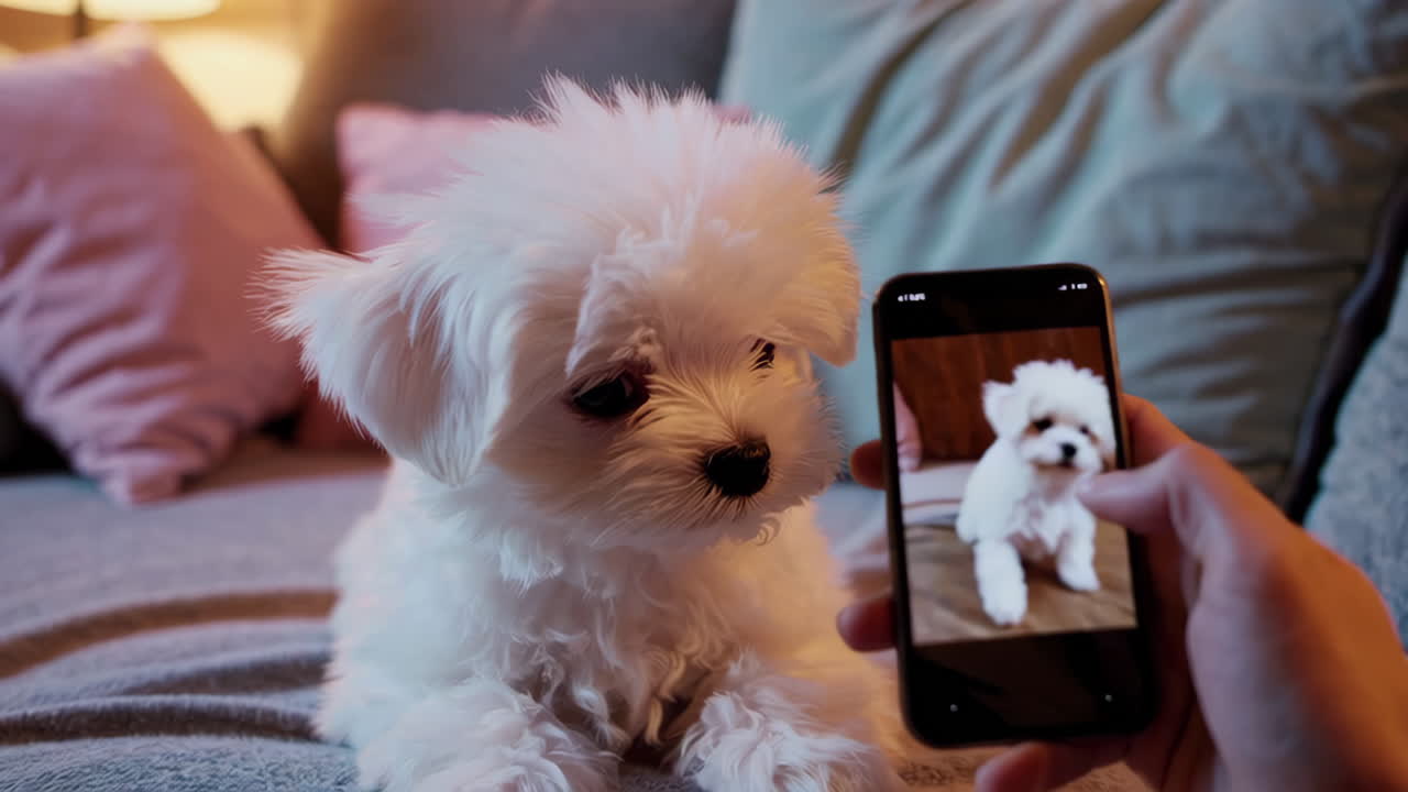 Small white puppy taking a selfie