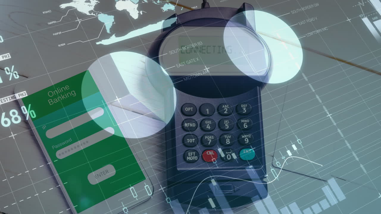 animación del procesamiento de datos financieros a través de terminales de pago y teléfonos inteligentes