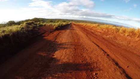 pov vanaf de voorkant van een voertuig dat over een onverharde weg rijdt op molokai hawaii van maunaloa naar hale o lono