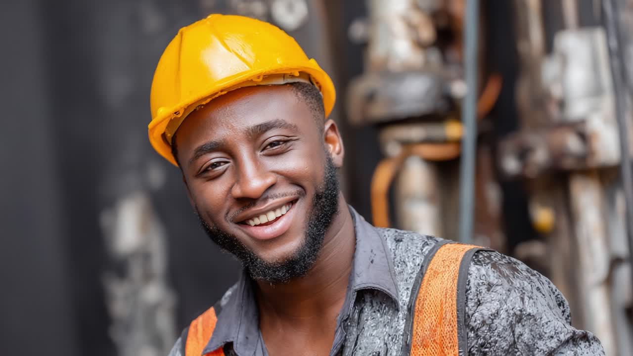 A Joyful Construction Worker Smiles Radiantly in His Safety Gear, Showcasing Dedication and Professionalism in a Dynamic Work Environment