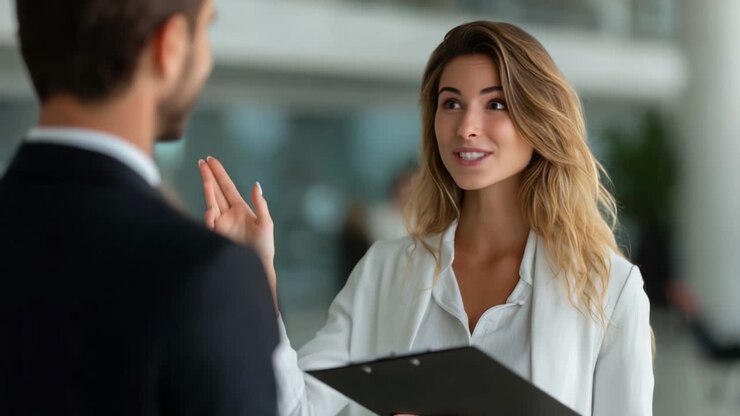 Conversazione coinvolgente: una giovane donna in abbigliamento professionale sorride mentre comunica con un collega in un ambiente ufficio moderno e luminoso, probabilmente discutendo importanti dettagli del progetto