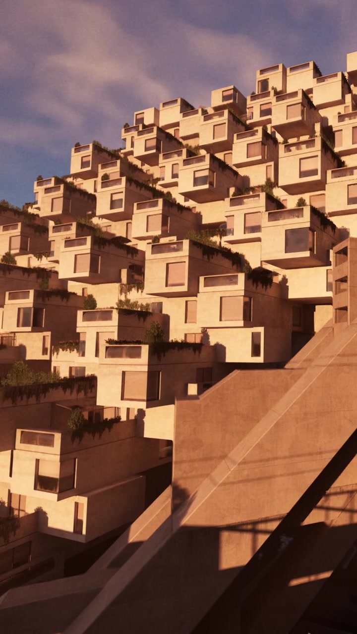 Edifício moderno com design único ao pôr do sol em cenário urbano.