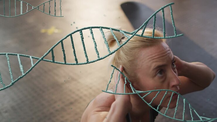 Donna che inizia gli addominali flettendo il busto, eseguendo ripetizioni per il fitness con una sovrapposizione di DNA che ne oscura alcune parti