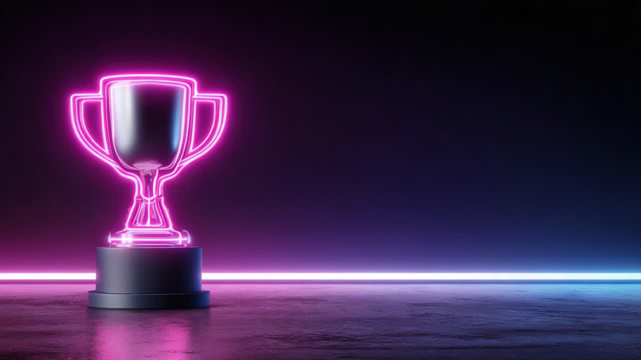 A Radiant Neon Trophy Illuminating the Darkness: Symbolizing Achievement and Success in a High-Tech World