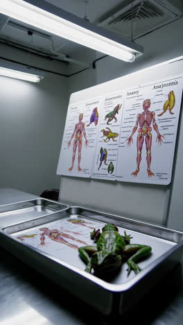 anatomy charts and frog specimen