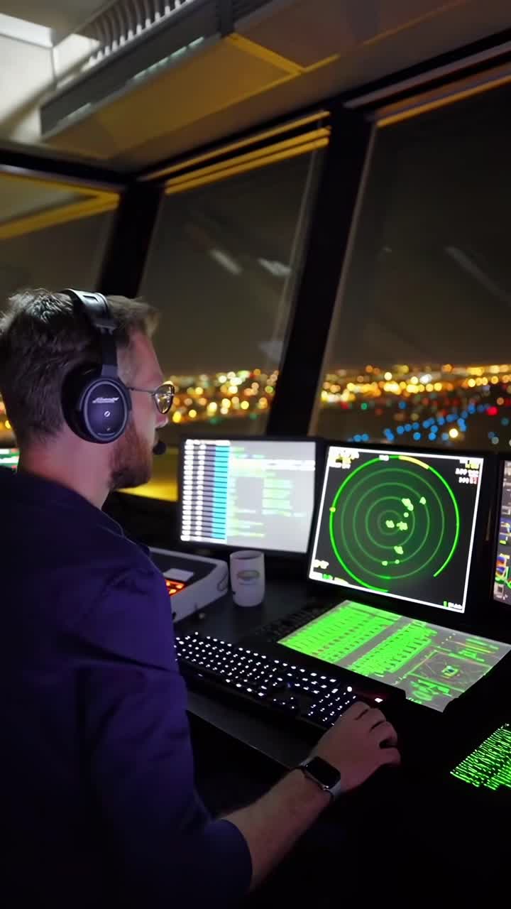 Video ad alta angolazione di un controllore del traffico aereo di notte, concentrato sugli schermi radar e sulle luci della città.
