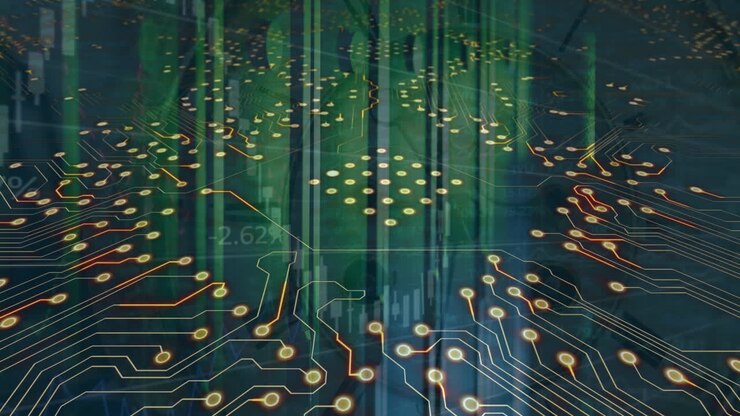 Animazione di elaborazione dati e rete di connessioni su sala server