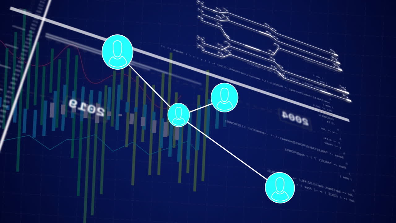 Network of connections and data processing animation over financial graphs