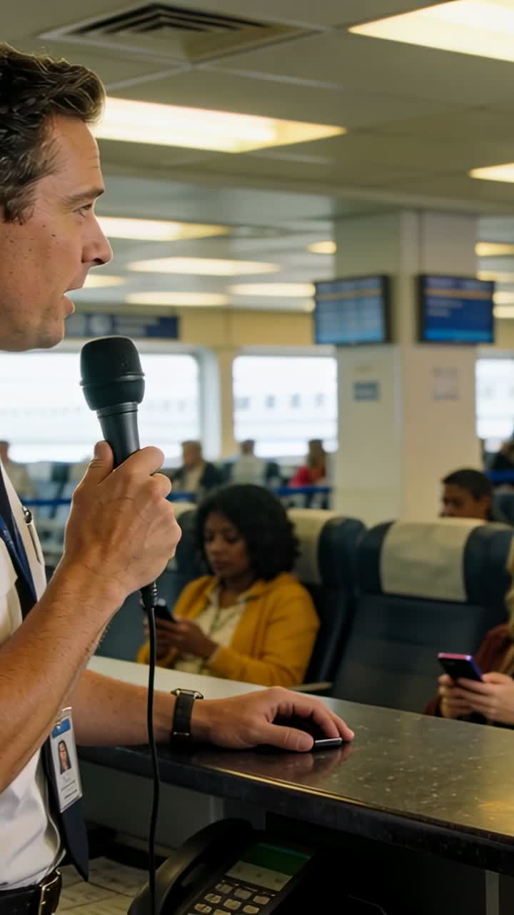 Membro dello staff che alza il microfono, annunciando di informare i passeggeri al banco mentre i passeggeri usano i telefoni.
