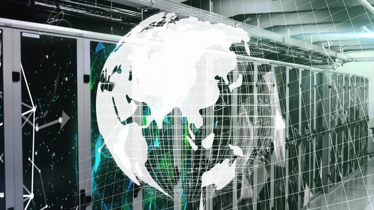 Animation of globe and shapes over server room