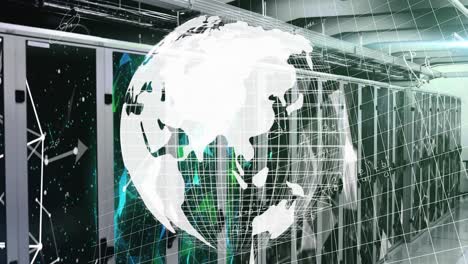 animation of globe and shapes over server room