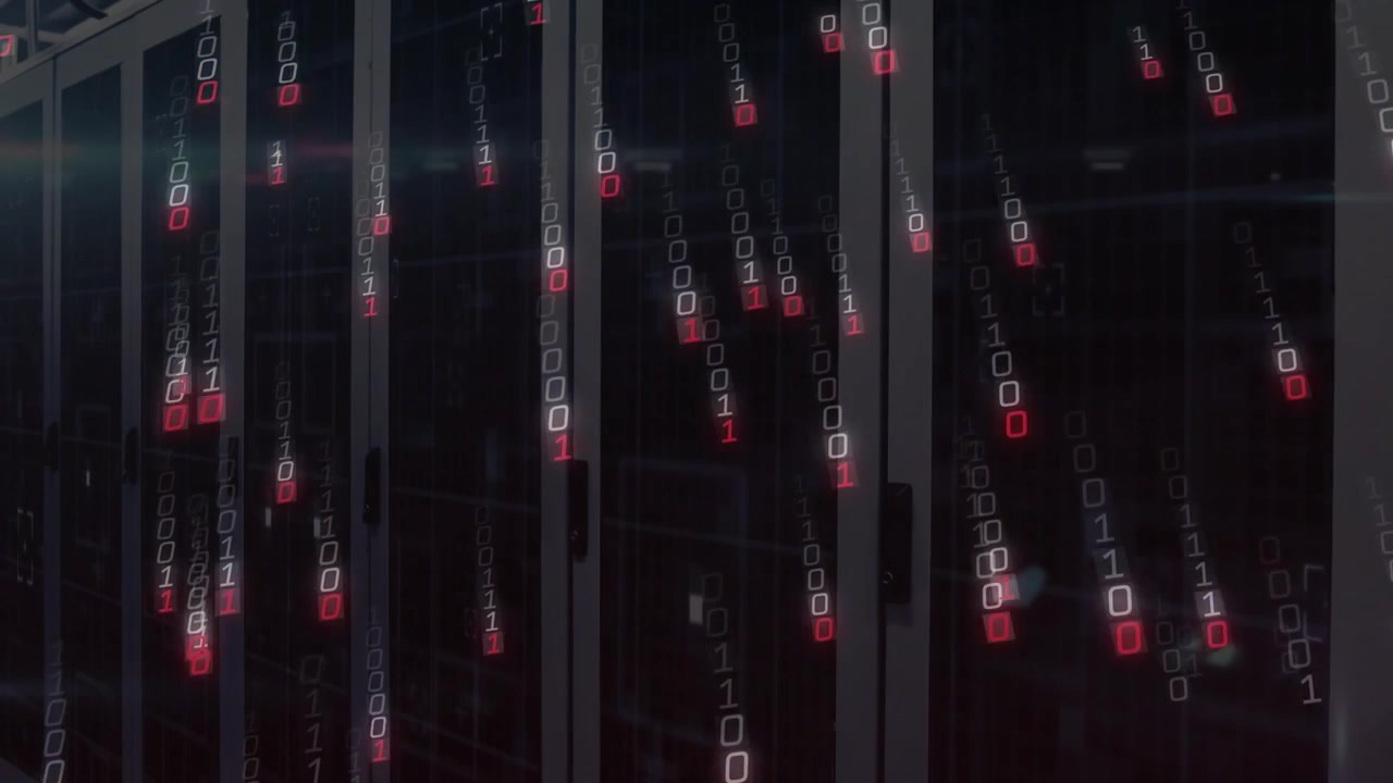 Binary code materializing before server cabinets, cascading downward, densifying to show data flow