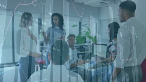 animation of multiple graphs over diverse coworkers with tablets discussing reports in meeting