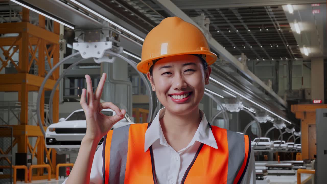 안전 헬을 입은 아시아 여성 엔지니어가 미소 짓고 ev 자동차 공장에서 서 있는 동안 카메라에 은 몸짓을 보여줍니다.