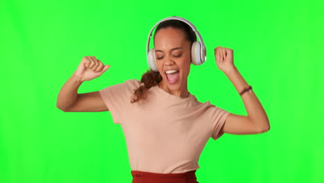 Headphones,-dance-and-woman-on-green-screen