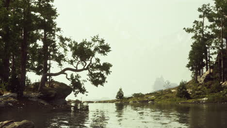 a beautiful lake surrounded by a lush forest and mountains in the distance. the mist hangs low in the air and the trees reflect in the still water.