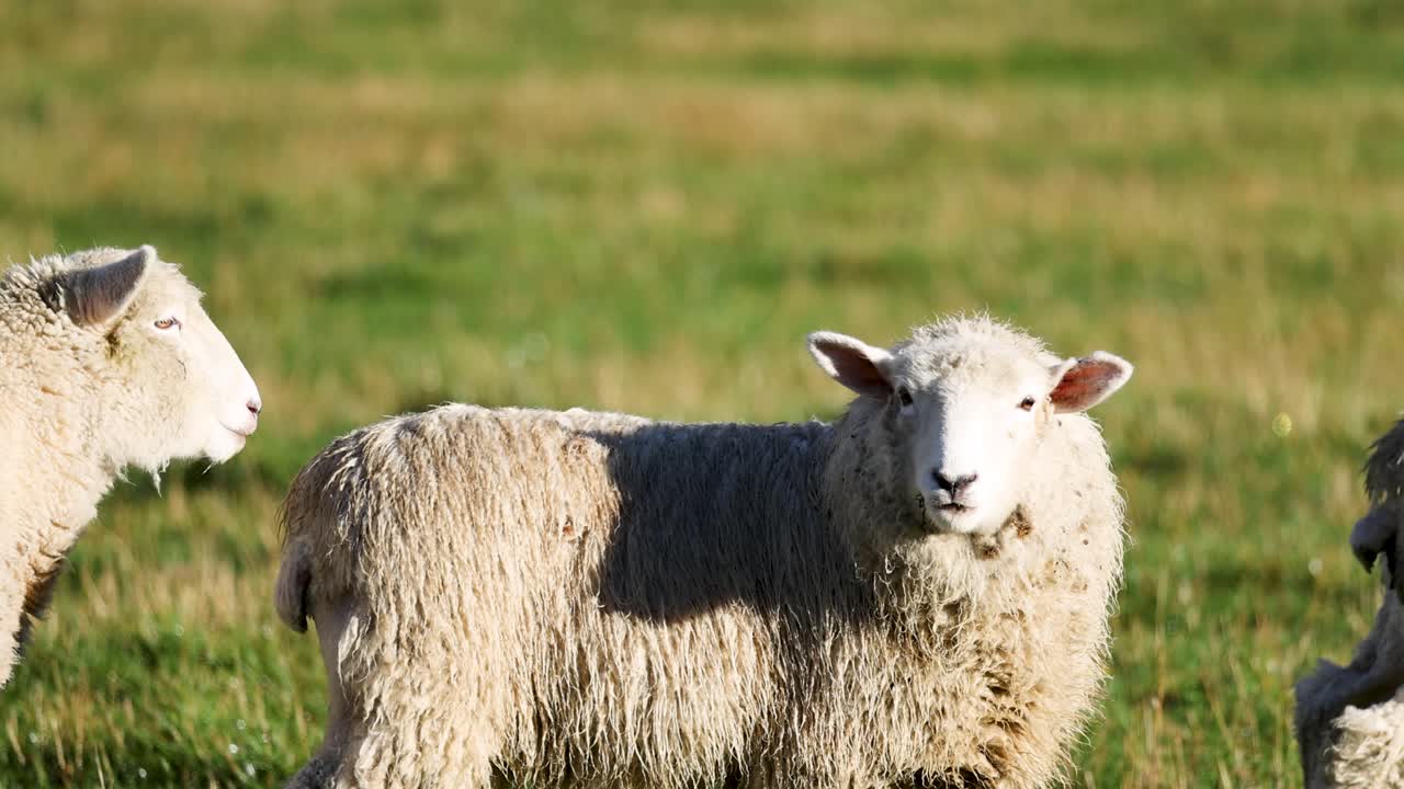 Sheep peacefully graze in a sunlit field, showcasing natural behavior in a serene rural setting