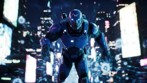 futuristic robot running through a cyberpunk city at night
