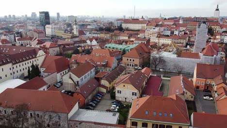 aerial of the old town of zagreb, croatia with the modern office buildings in the background