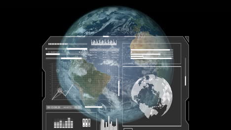 Animation-Der-Digitalen-Datenverarbeitung-über-Dem-Globus-Auf-Schwarzem-Hintergrund