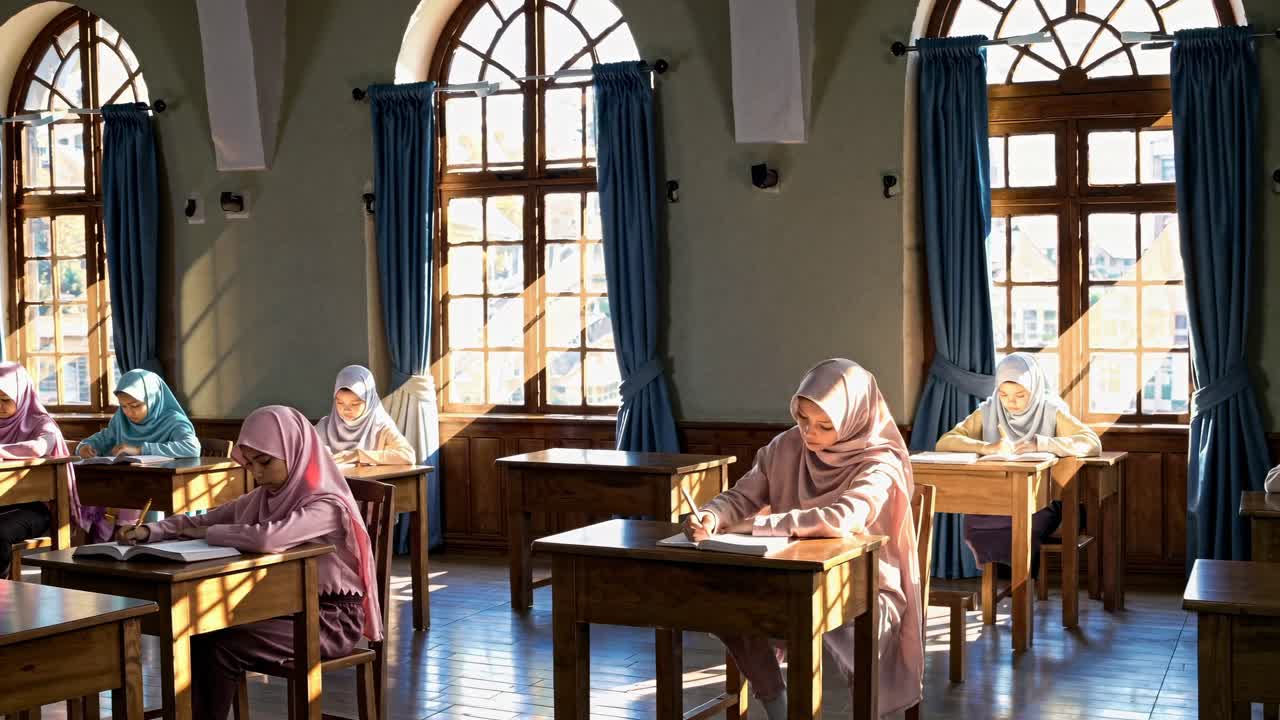A video frame shows a classroom with students in hijabs focused on writing