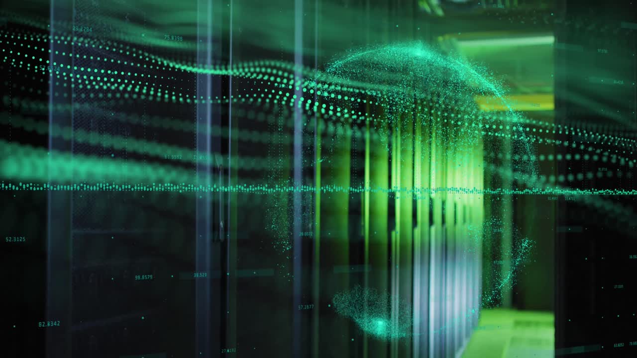 Animation of green graphs and globe over servers