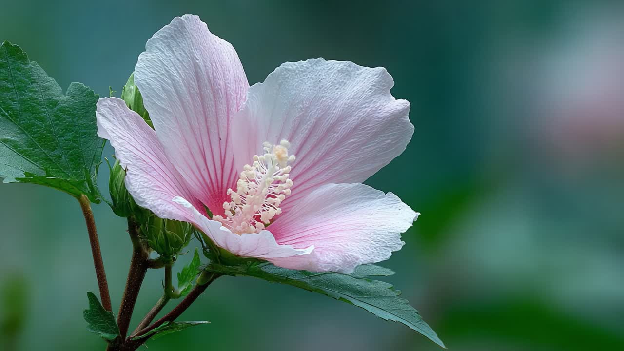 Delicate Hibiscus Flower in Bloom: A Stunning Visual Showcasing the Soft Pink Petals and Intricate Details of Nature's Beauty in a Serene Green Environment