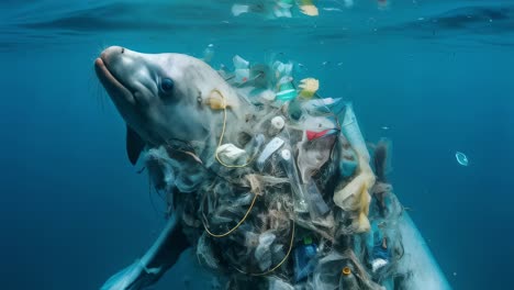 sea lion swimming in the ocean entangled in plastic waste, symbolizing environmental pollution and the devastating impact of human activities on marine life