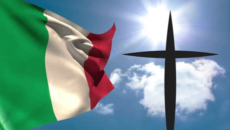 waving italian flag under bright sun with cross silhouette in foreground animation