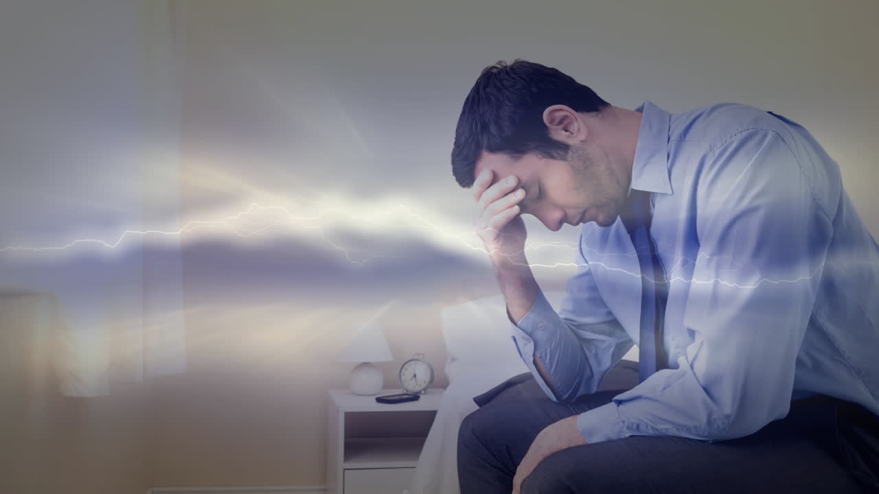 머리에 손을  ⁇ 고 침대에 앉아 있는 스트레스를 받은 사업가의 디지털 애니메이션 4k