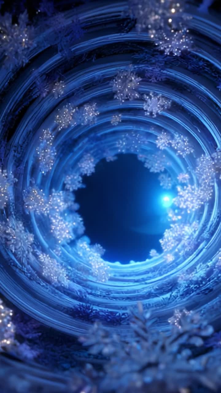 A stunning visual representation of a swirling tunnel adorned with intricate frost patterns, shimmering crystals, and radiant blue light, creating an enchanting atmosphere that captivates the viewer's imagination