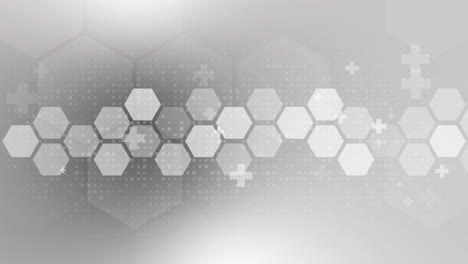strip healthcare icons in hexagons. looped medical animation with geometric shapes of crosses on grey background. copy space.