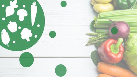 animación de formas vegetales en blanco en círculo verde, sobre verduras frescas en tableros blancos