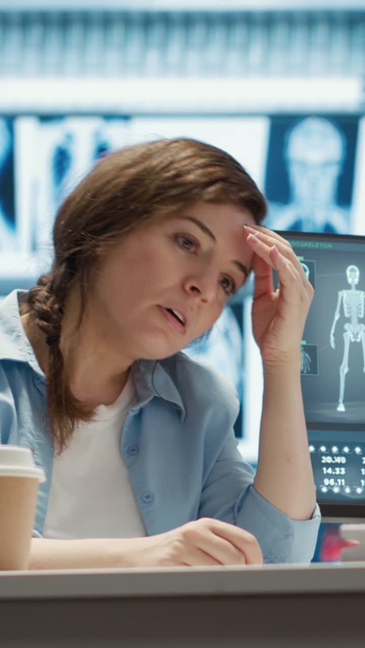 Dotteressa stressata che analizza dati medici al computer