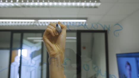 mujer joven profesional corporativa escribe en una pared de ventana de vidrio con un marcador durante una presentación a los compañeros de trabajo