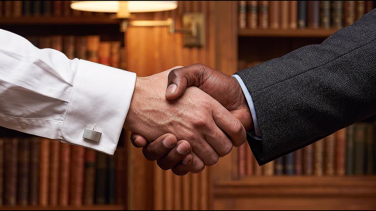 Business handshake between partners in office library representing trust cooperation and professional partnership