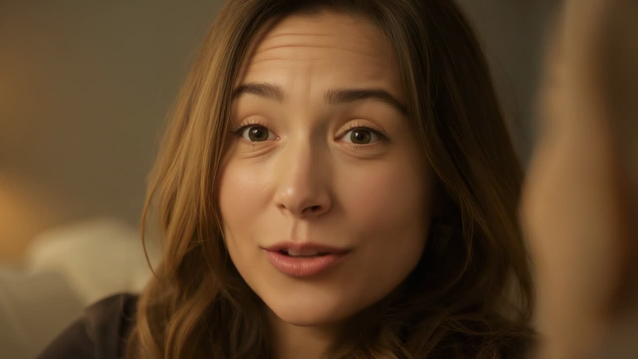 Smiling woman wearing casual clothing responding to offscreen question at home, lamp and cushion