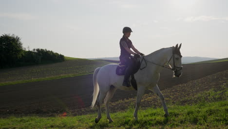 Frau-Reitet-Auf-Einem-Weißen-Pferd-Auf-Einem-Feld